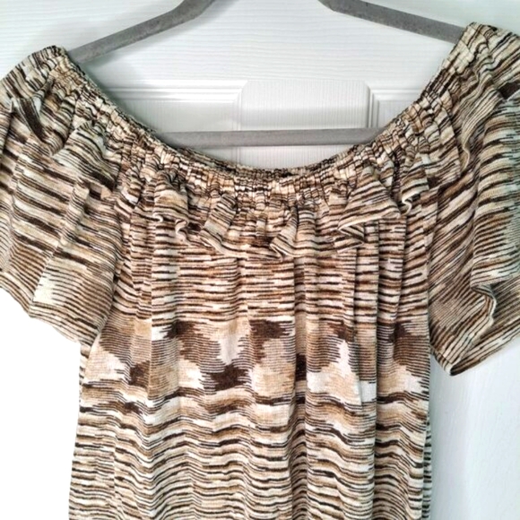 Banana Republic Brown Patterned Ruffle Off Shoulder Linen Blouse Size Medium - Picture 4 of 7